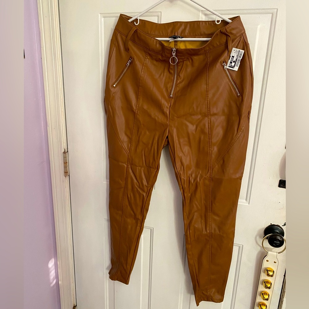Fashion Nova Mocha/Brown Faux Leather Pants with Zipper Details, 1X